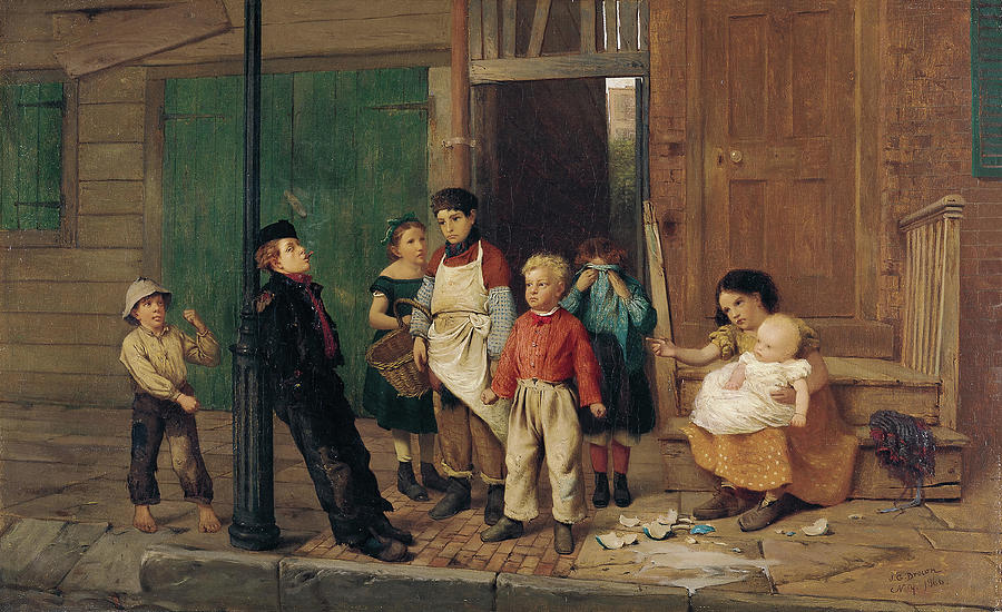 John George Brown -Durham 1831 -New York 1913-. The Bully of the Neighbourhood -1866-. Oil on ca... Painting by John George Brown -1831-1913-