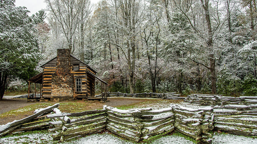 Early Snow at John Oliver Cabin Photograph by Marcy Wielfaert