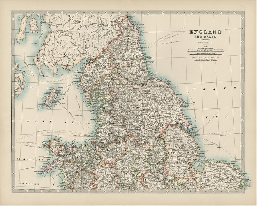 Johnstons Map Of England & Wales Painting by Johnston