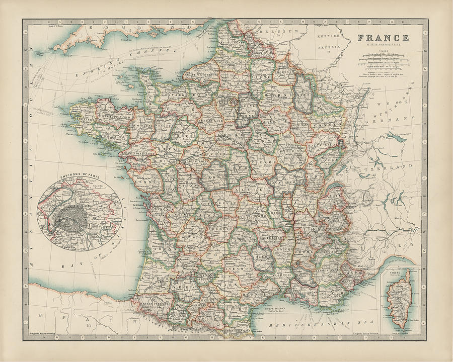 Map Painting - Johnstons Map Of France by Johnston