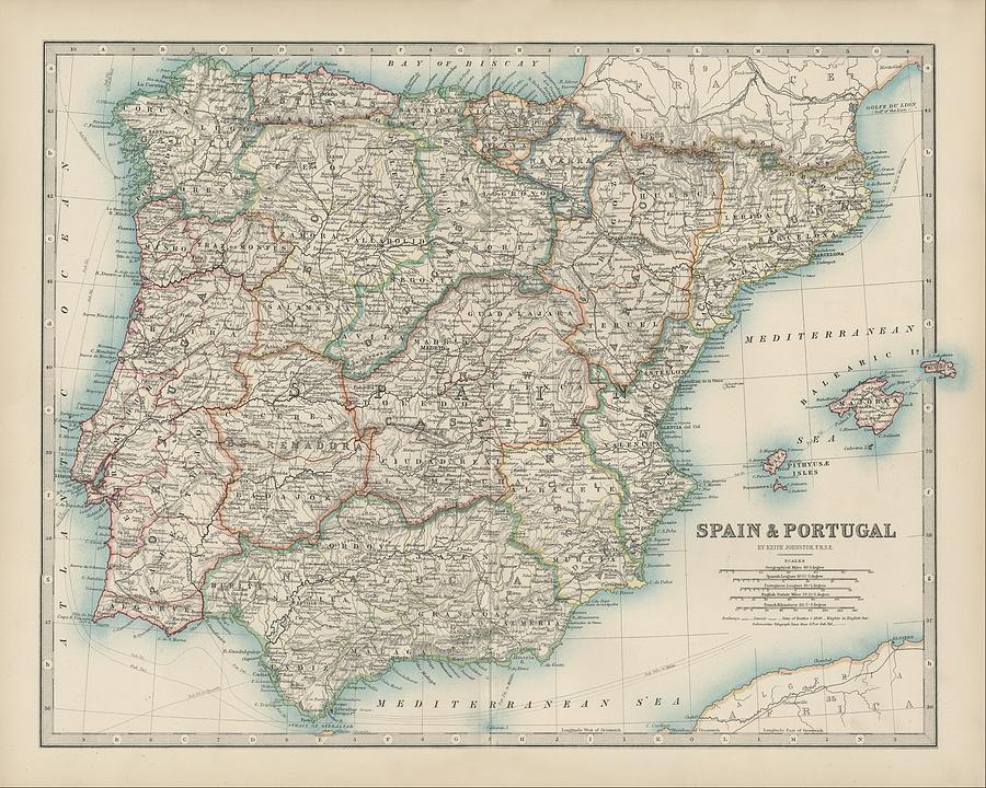 Johnstons Map Of Spain & Portugal Painting by Johnston