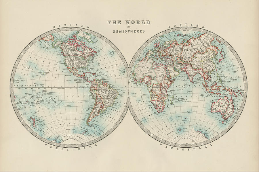 Map Painting - Johnstons World In Hemispheres by Johnston