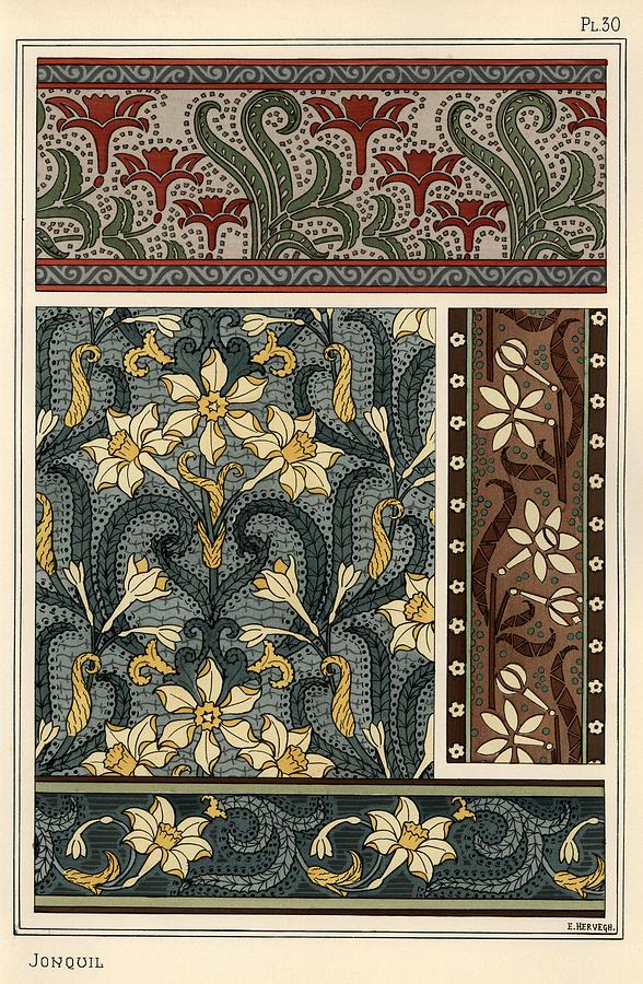 Jonquil, Narcissus jonquilla, as design motif in wallpaper and fabric patterns. Drawing by Album
