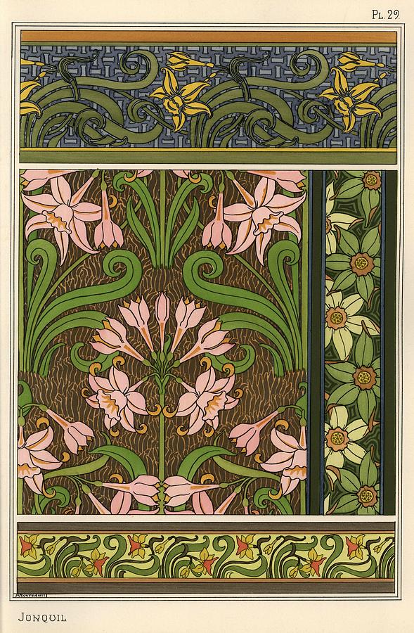 Jonquil, Narcissus jonquilla, as design motif in wallpaper and fabric patterns. Lithograph by Ver... Drawing by Album