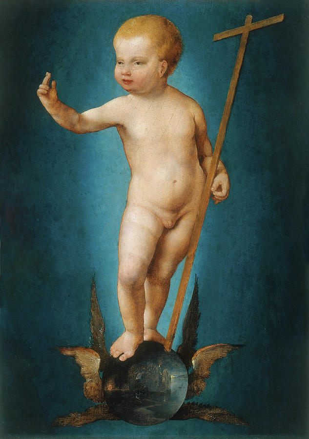 Joos van Cleve -Cleve -?-, ca. 1485-Antwerp, 1540/41-. The Infant Christ on the Orb of the World ... Painting by Joos van Cleve -c 1485-c 1540-