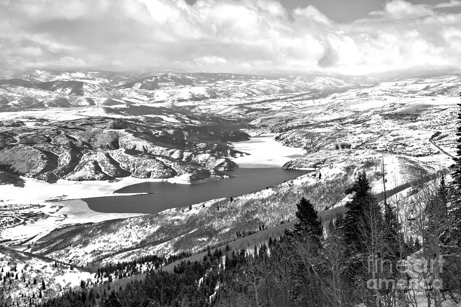 Jordanelle Reservoir Over The Trees Black And White Photograph by Adam Jewell
