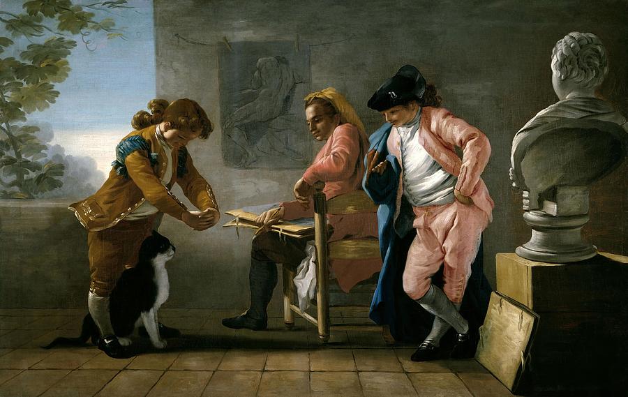 Jose del Castillo Drawing Study. Boys playing with a Cat, or the Painters Studio, 1780. Painting by Jose del Castillo -1737-1793-