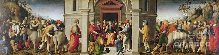 Genesis Painting - Joseph Receives His Brothers, C. 1515 by Francesco Ubertini Bacchiacca