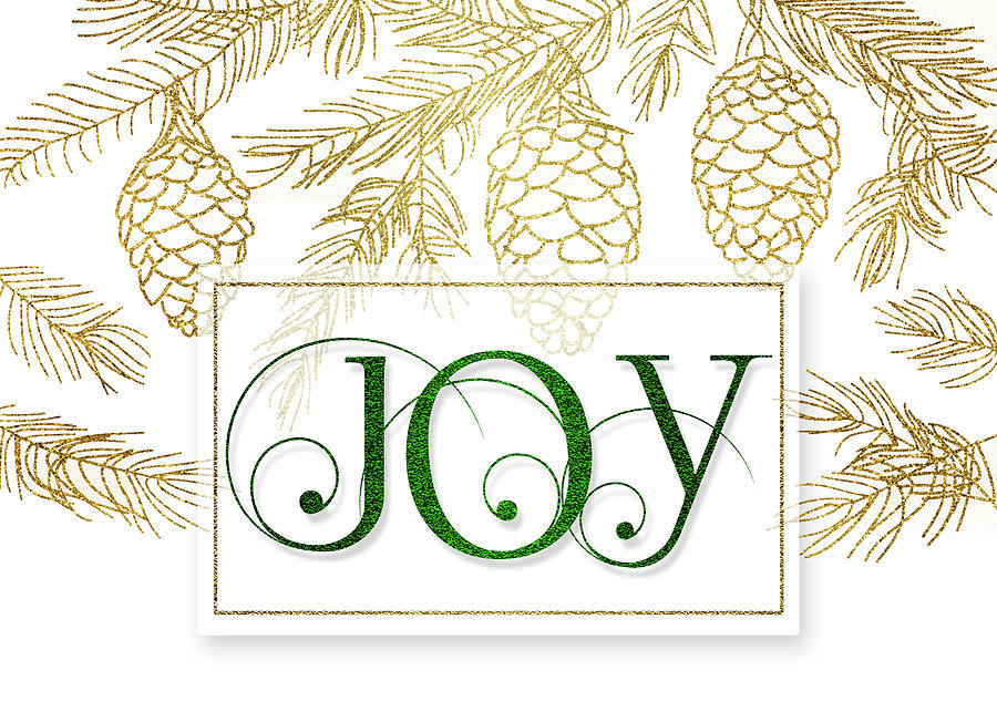 Joy Christmas Typography in Green with Gold Pine Branches Digital Art by Doreen Erhardt