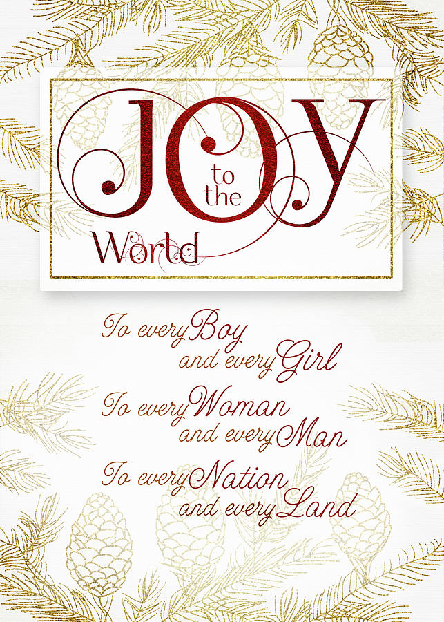 Joy to the World Christmas Faux Gold Glitter and Red Pine Branches Digital Art by Doreen Erhardt