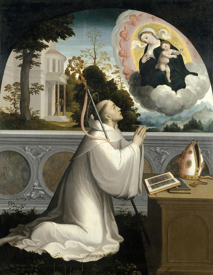 Juan Correa de Vivar / The Virgin Appears to Saint Bernard, 1540-1545, Spanish School. Painting by Juan Correa de Vivar -c 1510-1566-