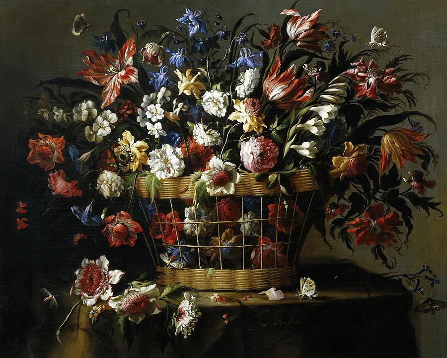 Juan de Arellano / Basket of Flowers, c. 1670, Spanish School, Oil on canvas. Painting by Juan de Arellano -1614-1676-