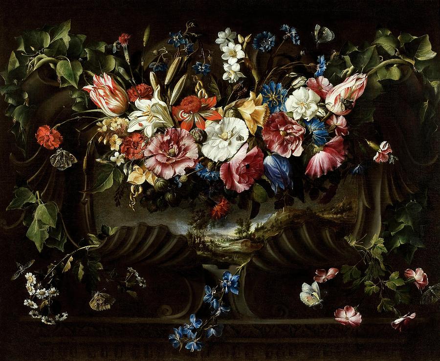 Juan de Arellano / Garland of Flowers with Landscape, 1652, Spanish School. Painting by Juan de Arellano -1614-1676-
