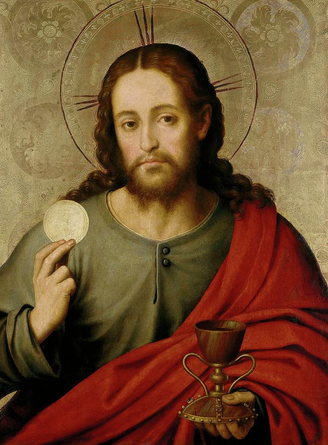Jesus Christ Painting - Juan de Juanes / The Saviour, 1545-1550, Spanish School, Oil on panel, 73 cm x 49 cm, P00845. by Vicente Juan Masip -c 1507-1579-