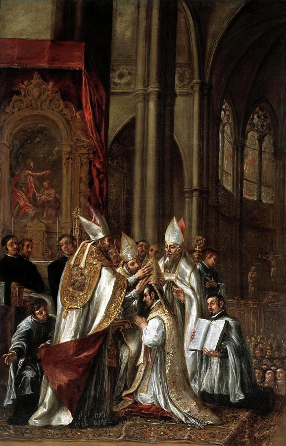 Juan de Valdes Leal / La consagracion de San Ambrosio como arzobispo, ca. 1673, Spanish School. Painting by Juan de Valdes Leal -1622-1690- Juan de Valdes Leal / La consagracion de San Ambrosio como arzobispo, ca. 1673, Spanish School. Painting by Juan de Valdes Leal -1622-1690-