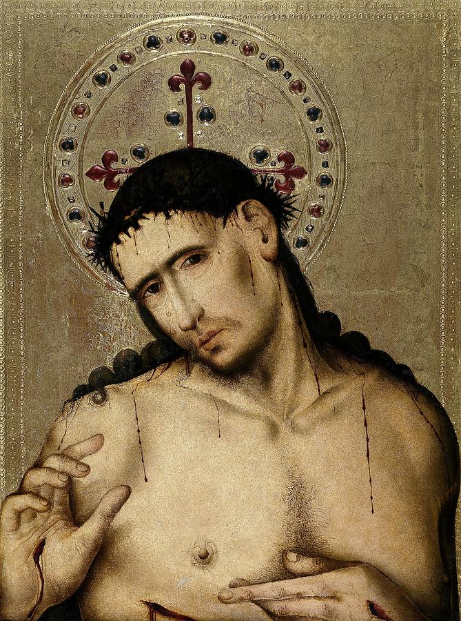 Juan Sanchez de San Roman / Cristo Varon de Dolores, ca. 1500, Spanish School. ECCE HOMO. Painting by Juan Sanchez de San Roman -fl 1480- Juan Sanchez de San Roman / Cristo Varon de Dolores, ca. 1500, Spanish School. ECCE HOMO. Painting by Juan Sanchez de San Roman -fl 1480-