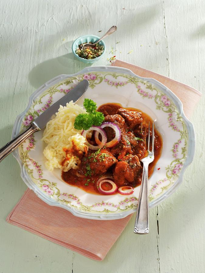 Juicy Beef Goulash With Mashed Potatoes Photograph by Karl Newedel