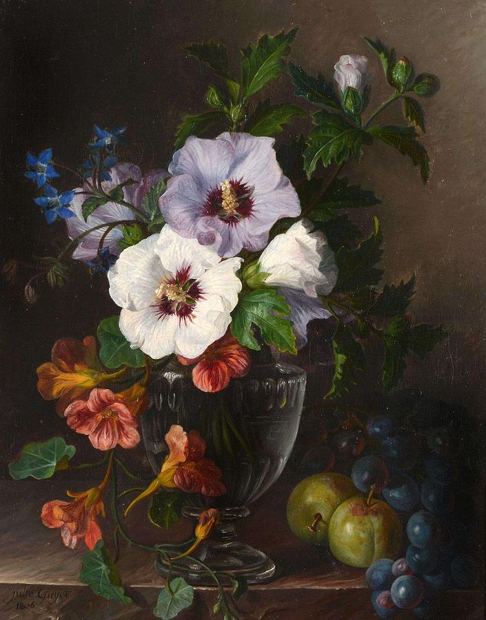 Julie Guyot fl. 1800s Nasturtium in a glass vase with grapes and ...