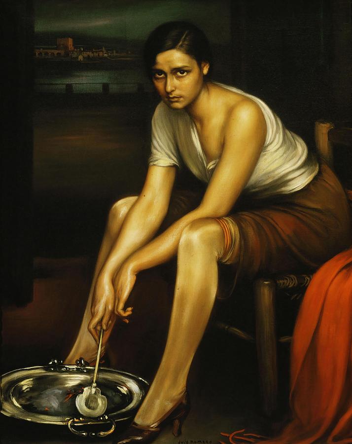 Clothing Painting - Julio Romero de Torres / La chiquita piconera, 1930, Oil on canvas, 100 x 80 cm. by Julio Romero de Torres -1874-1930-