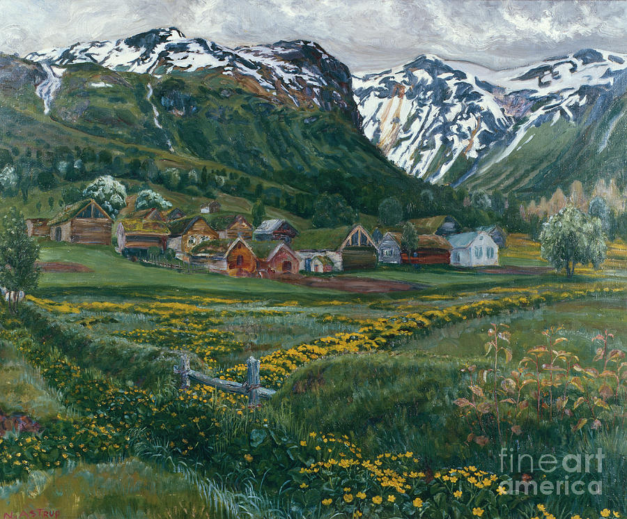 June night and old Joelster yard, 1910 Painting by O Vaering by Nikolai Astrup