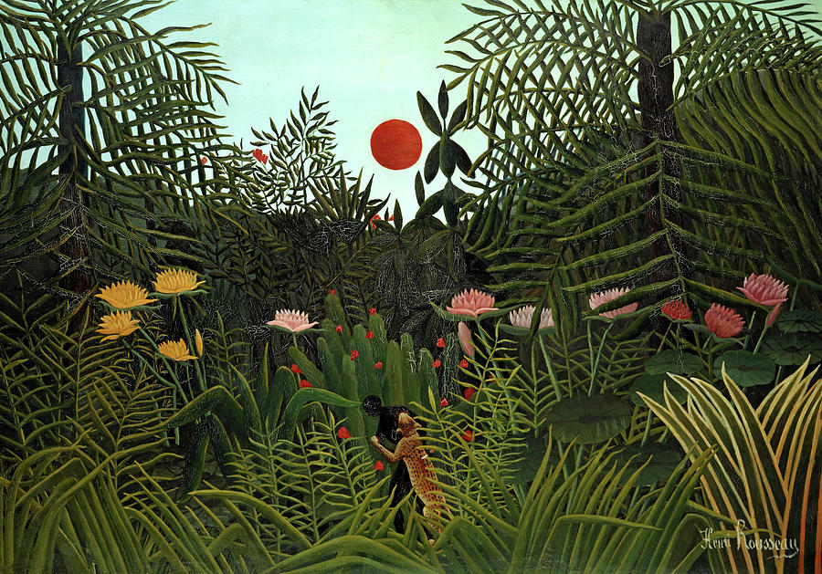 Henri Rousseau Painting - Jungle with Setting Sun, 1910 by Henri Rousseau