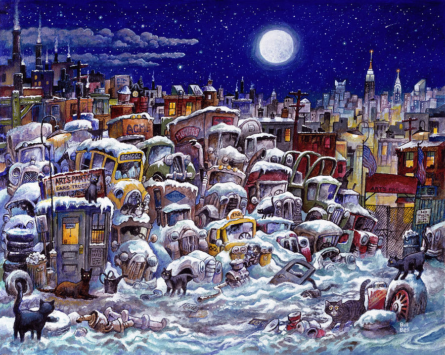Winter Painting - Junkyard Cats by Bill Bell