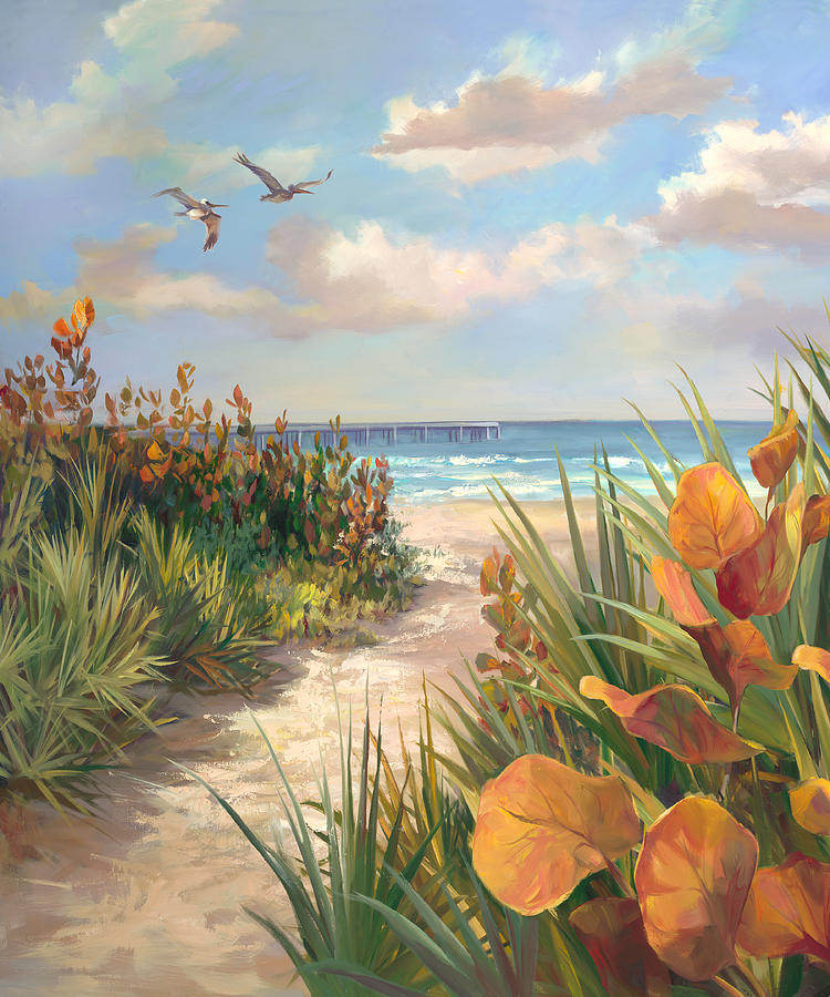 Pelican Painting - Juno Pier - Beach view by Laurie Snow Hein