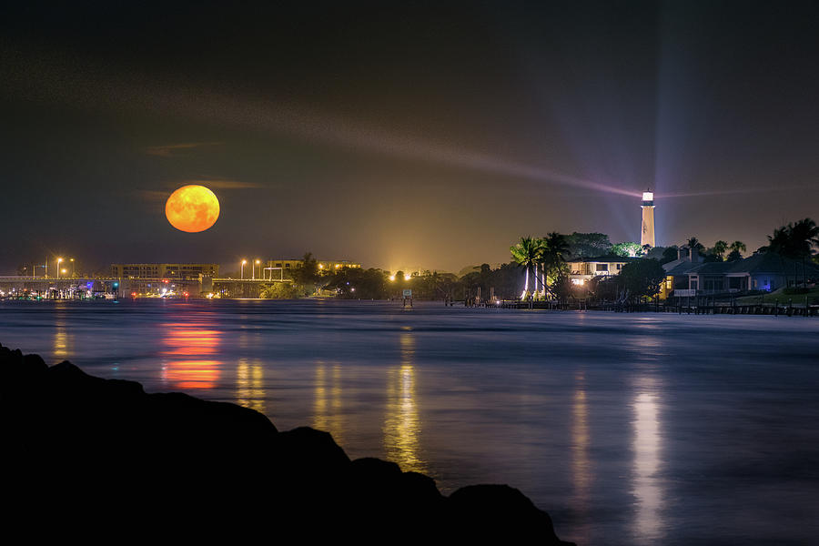 Jupiter Lighthouse Moon Set Over the Jupiter Inlet Photograph by Kim Seng