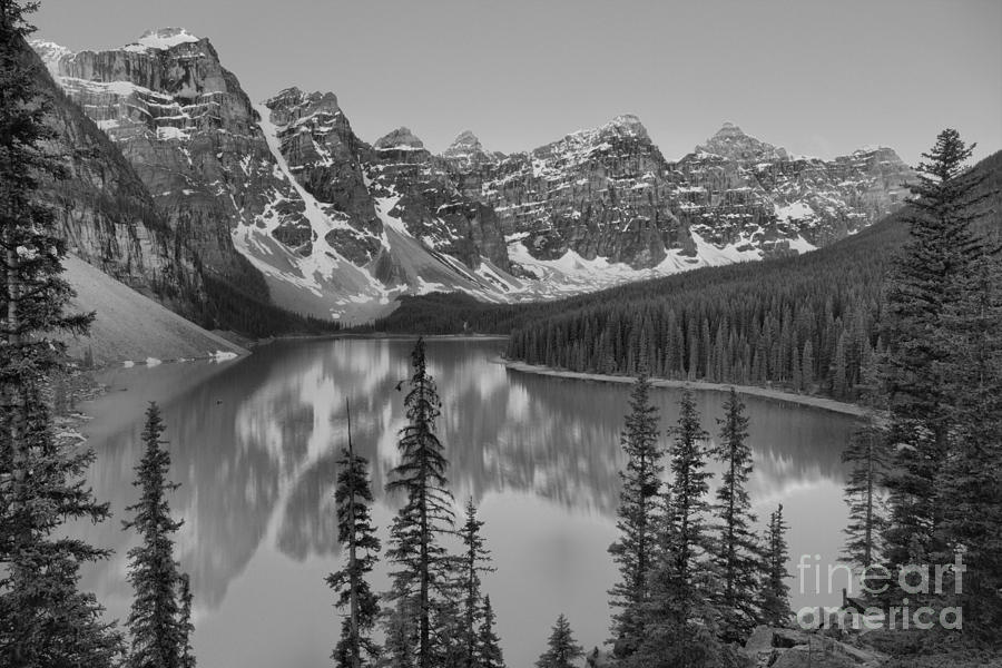 Just After Sunrise At Moraine Lake Black And White Photograph by Adam Jewell