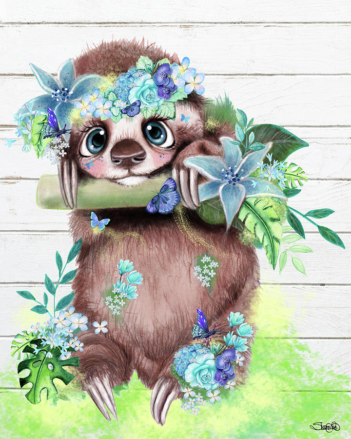 Animal Mixed Media - Just Hanging Out Butterfly Sloth by Sheena Pike Art And Illustration