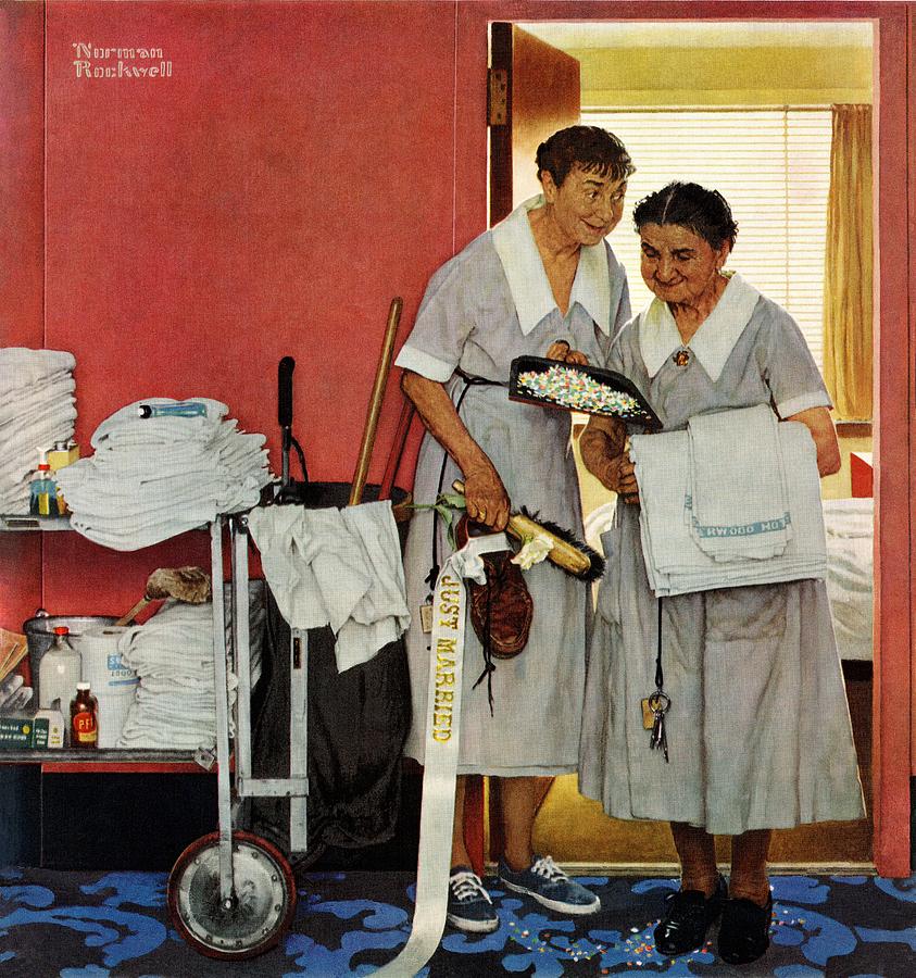 just Married (hotel Maids And Confetti) Painting by Norman Rockwell