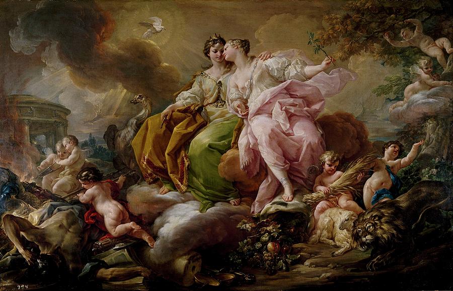 Justice and Peace, ca. 1754, Italian School, Oil on canvas, 216 cm x 325 c... Painting by Corrado Giaquinto -c 1703-1765-