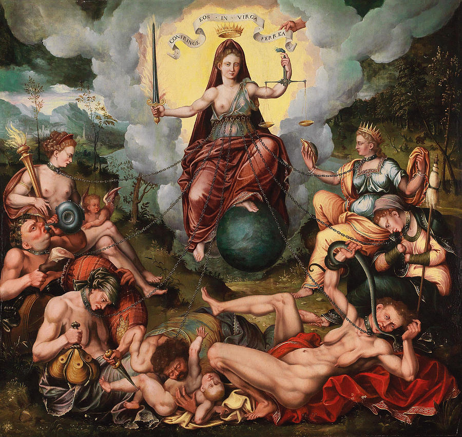 Justitia vanquishes the Seven Capital Sins Painting by Antoon Claeissens