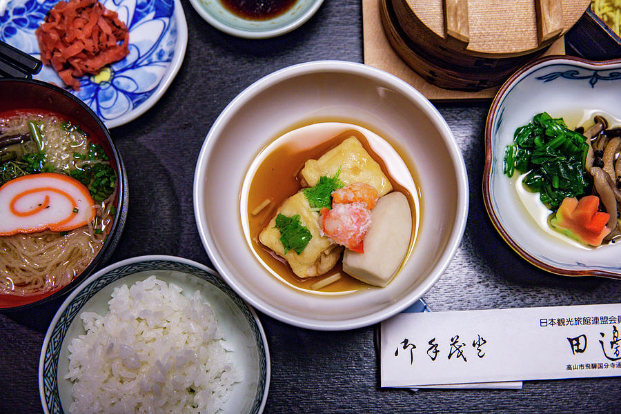 Kaiseki - Light Japanese Dishes With Soy Sauce, Tofu, Beef, Mushrooms, Fishcake And Rice Photograph by Karen Thomas