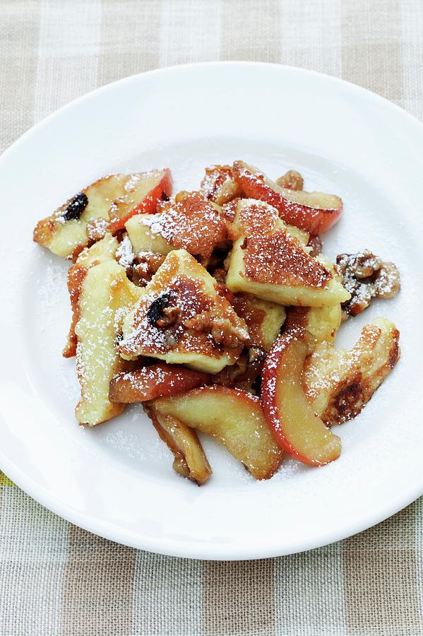 Fruit Photograph - Kaiserschmarren shredded Sugared Pancake From Austria With Apples And Walnuts by Food Experts Group