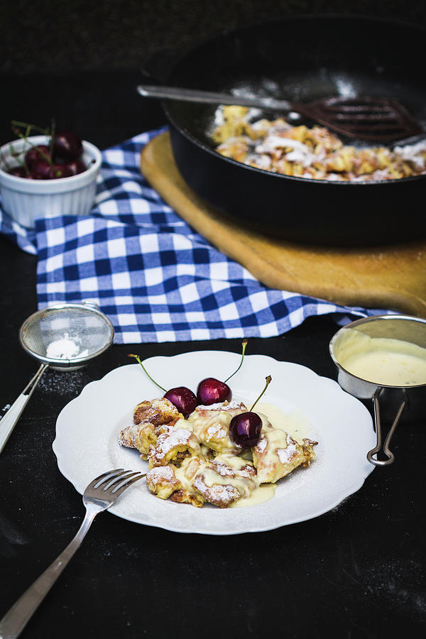 Kaiserschmarrn shredded Pancake With Cherries And Vanilla Sauce low Carb Photograph by Antonia Kurz
