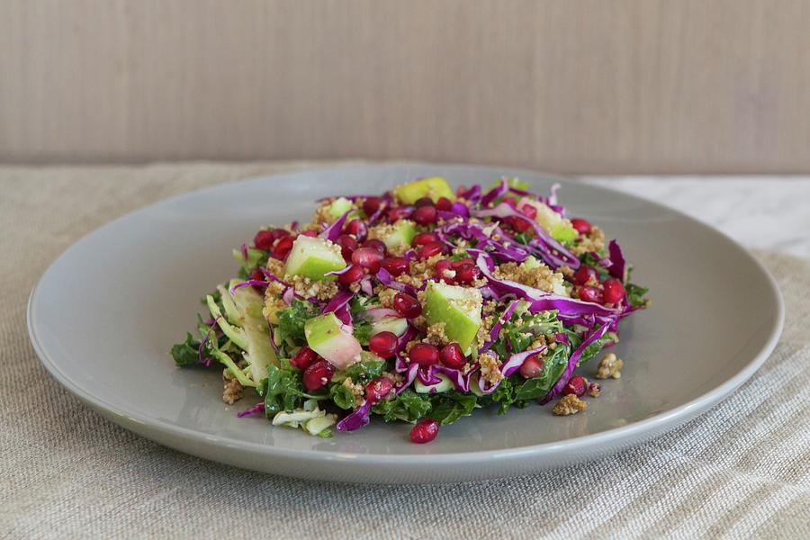 Kale Salad With Rocket Cos Lettuce Walnuts Brussels Sprouts Carrots Parsnips Turnips 