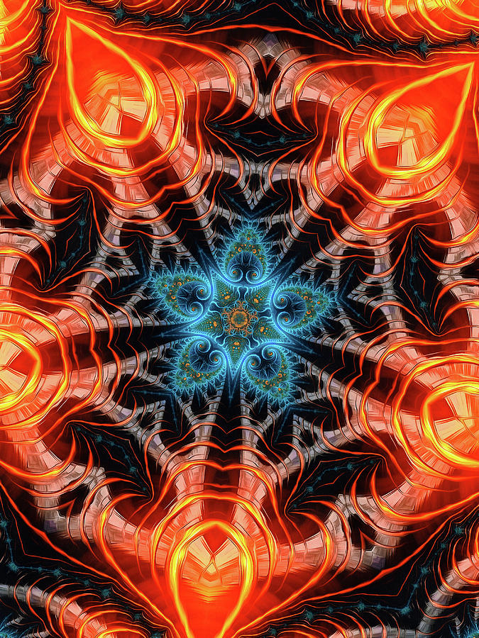Kaleidoscope Art orange and aqua vertical Digital Art by Matthias Hauser