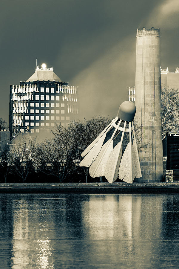 Kansas City Architecture With Shuttlecock Sculpture - Sepia Photograph