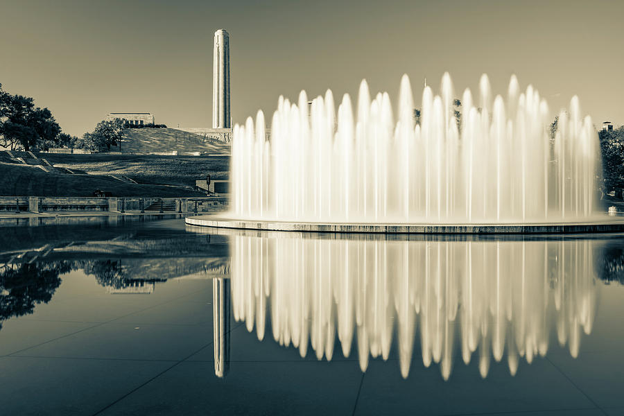 Kansas City Fountain And War Memorial Reflections - Sepia Photograph