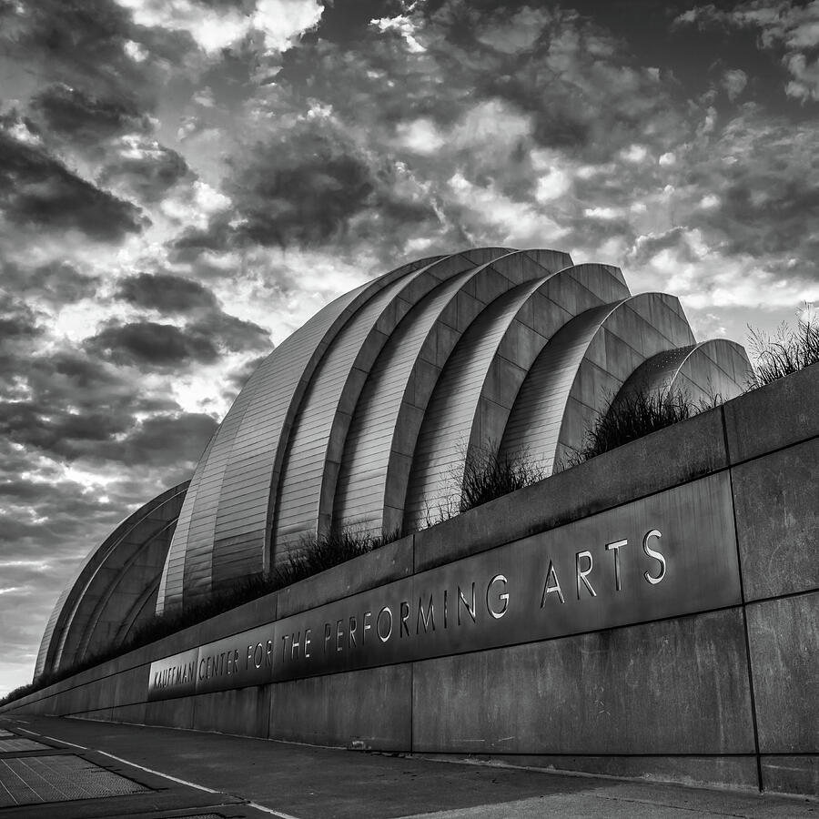 Kansas City Photograph - Kansas City Kauffman Center with Moody Clouds - Square Monochrome by Gregory Ballos