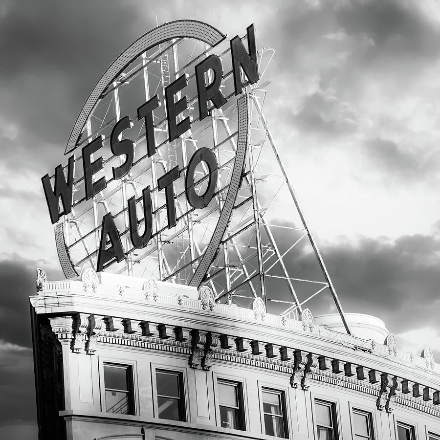 Kansas City Western Auto Neon Sign - Square Format Monochrome Photograph by Gregory Ballos