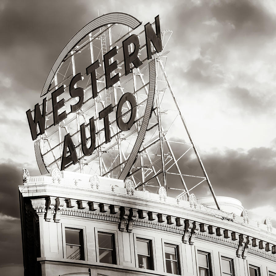 Kansas City Skyline Photograph - Kansas City Western Auto Neon Sign - Square Format Sepia by Gregory Ballos