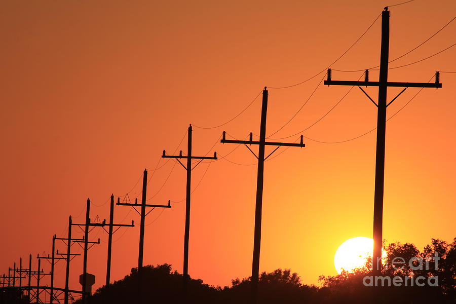 Kansas Colorful Power Line Silhouette Sunset Digital Art