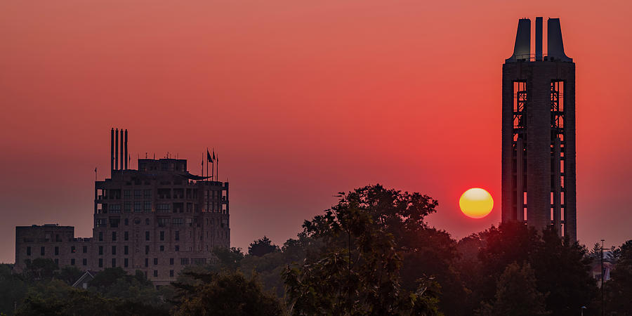 Kansas City Photograph - Crimson Awakening At The Campanile Bell Tower - Lawrence Kansas Panorama by Gregory Ballos