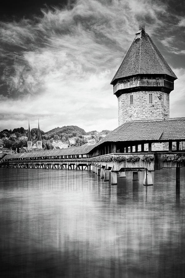 Kapellbrucke Lucerne Switzerland Black And White Photograph