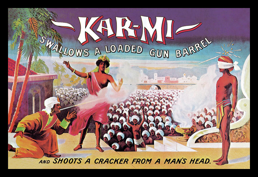 Kar-Mi Swallows a Loaded Gun Barrel and Shoots a Cracker from a Mans Head Painting by Joseph B. Hallworth