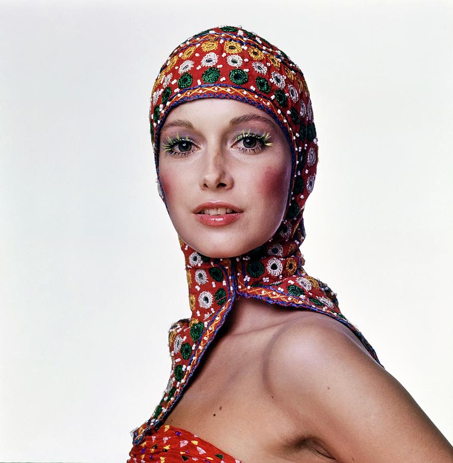Karen Graham Wearing An Embroidered Cotton Coif Photograph by Gianni Penati