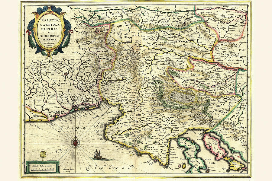Map Painting - Karstia, Slovenia & Croatia by Willem Janszoon Blaeu (Blau)