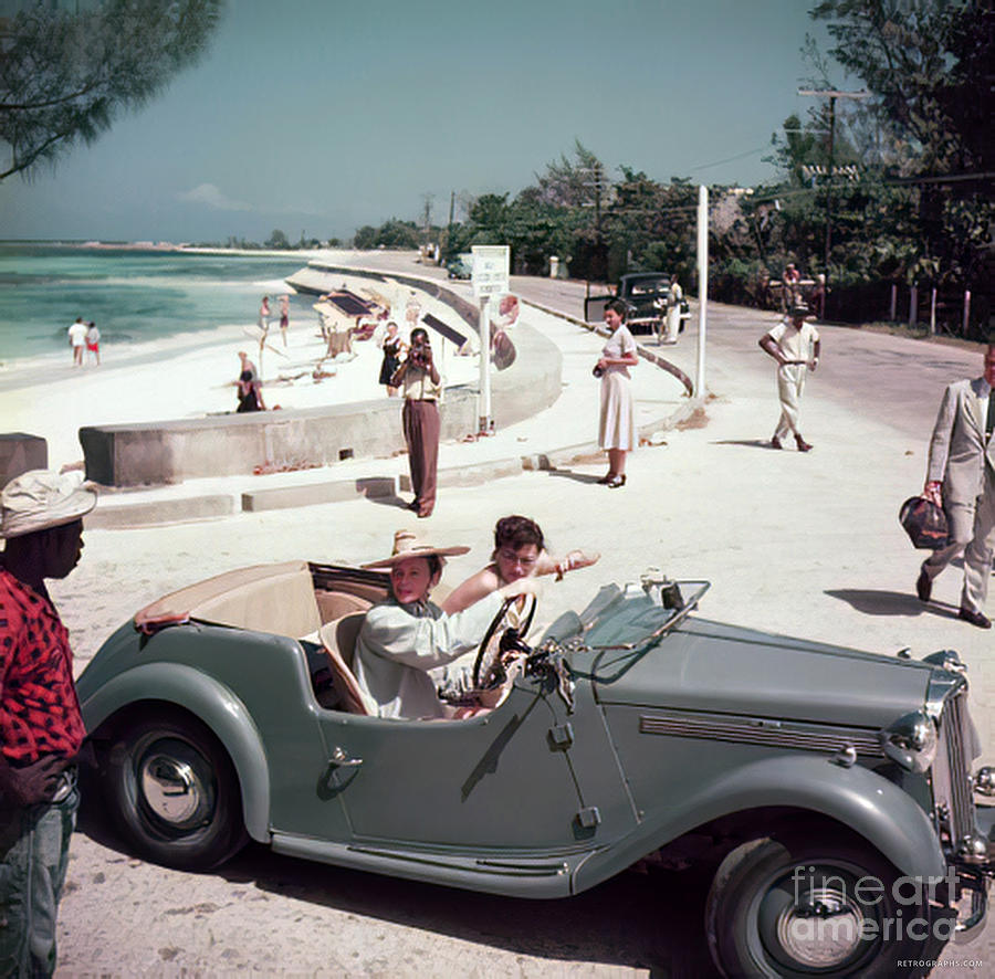 Katherine Hepburn And Passenger In 1950s Singer Roadster Beach Scene Photograph by Retrographs